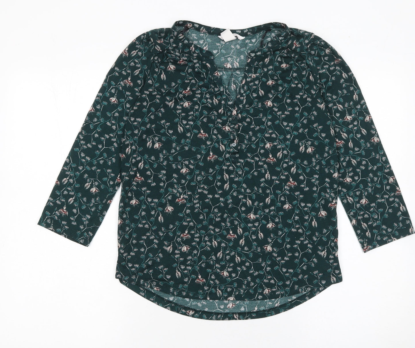 H&M Women's Green Floral Tunic Blouse XS 3/4 Sleeve Polyester