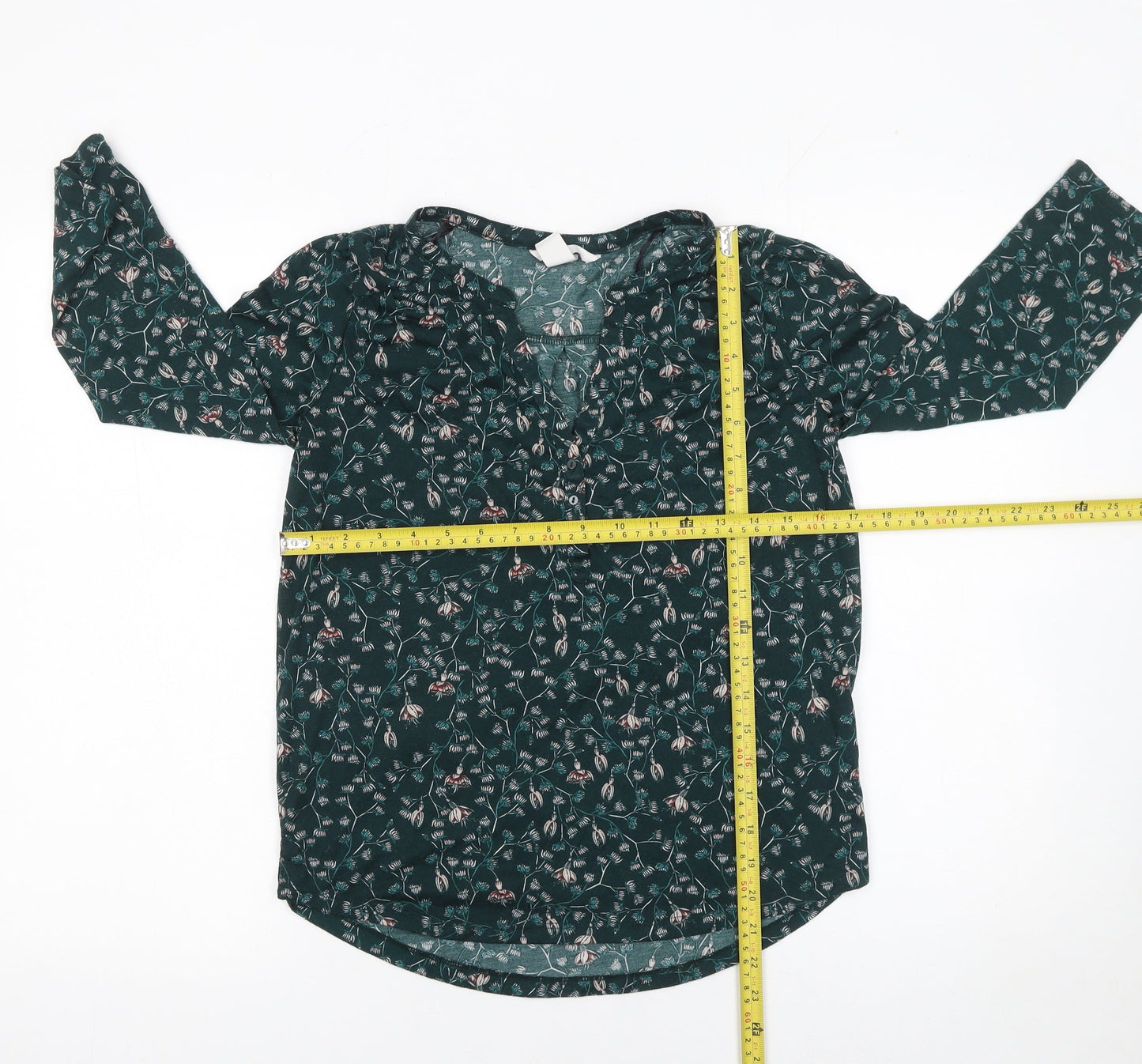 H&M Women's Green Floral Tunic Blouse XS 3/4 Sleeve Polyester