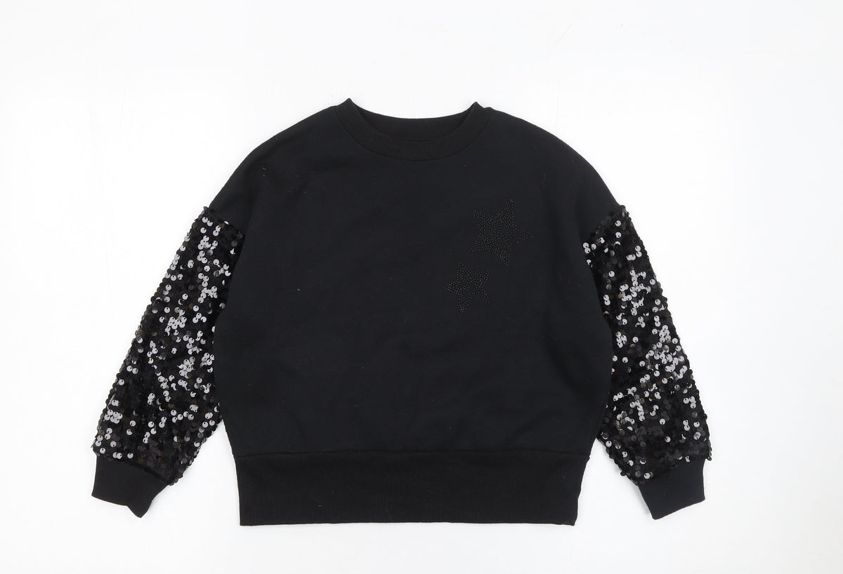 F&F Girls Black Sequin Sleeve Star Sweatshirt 7-8 Years Pullover Top
