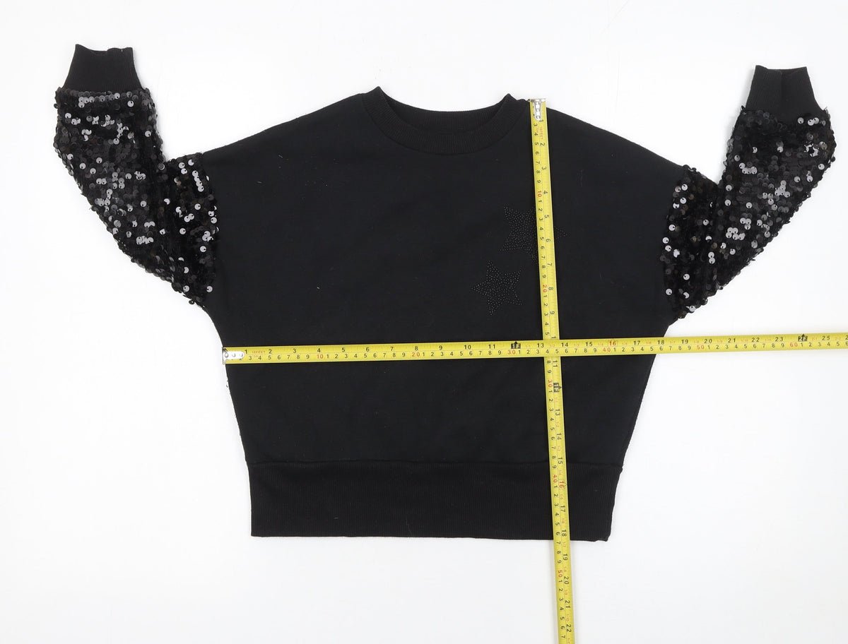 F&F Girls Black Sequin Sleeve Star Sweatshirt 7-8 Years Pullover Top