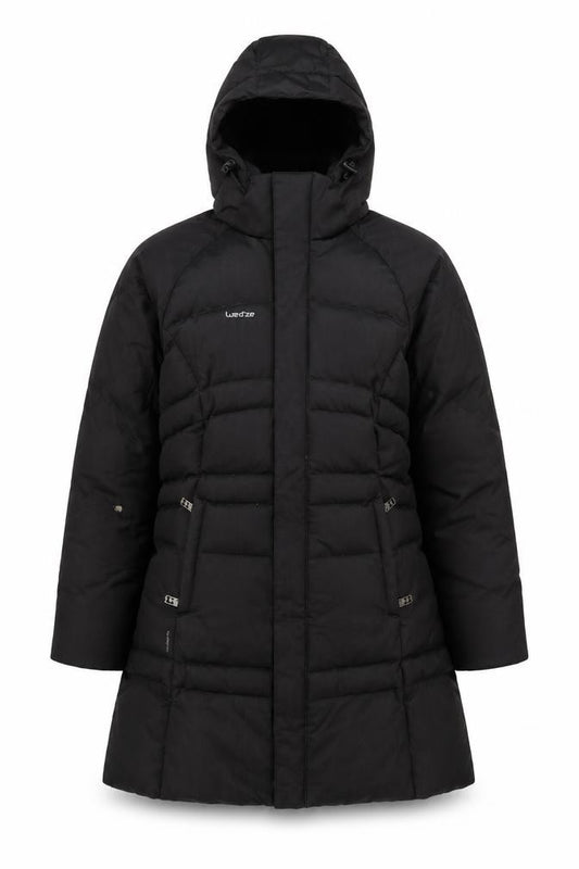 Wedze Womens Black Long Puffer Coat XS Hooded Down Winter Jacket