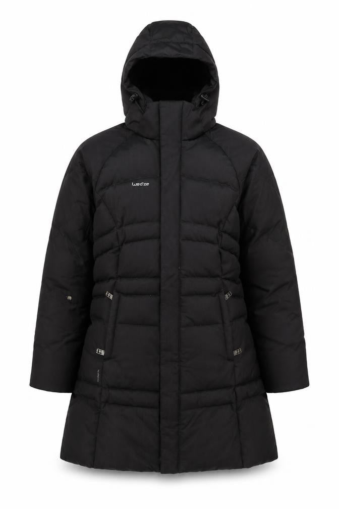 Wedze Womens Black Long Puffer Coat XS Hooded Down Winter Jacket