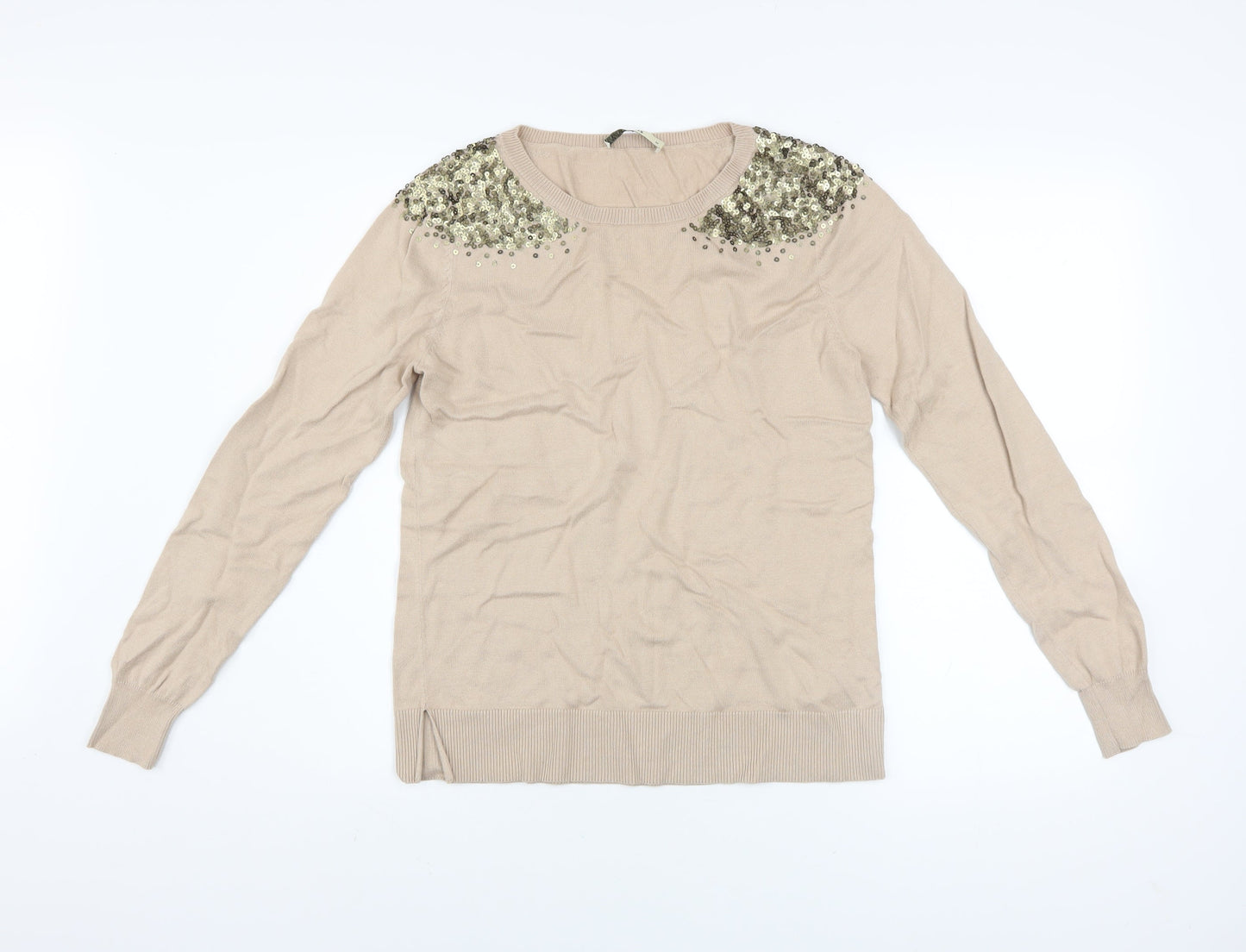Oasis Womens Beige Sequin Shoulder Cotton Blend Jumper M