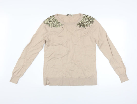 Oasis Womens Beige Sequin Shoulder Cotton Blend Jumper M