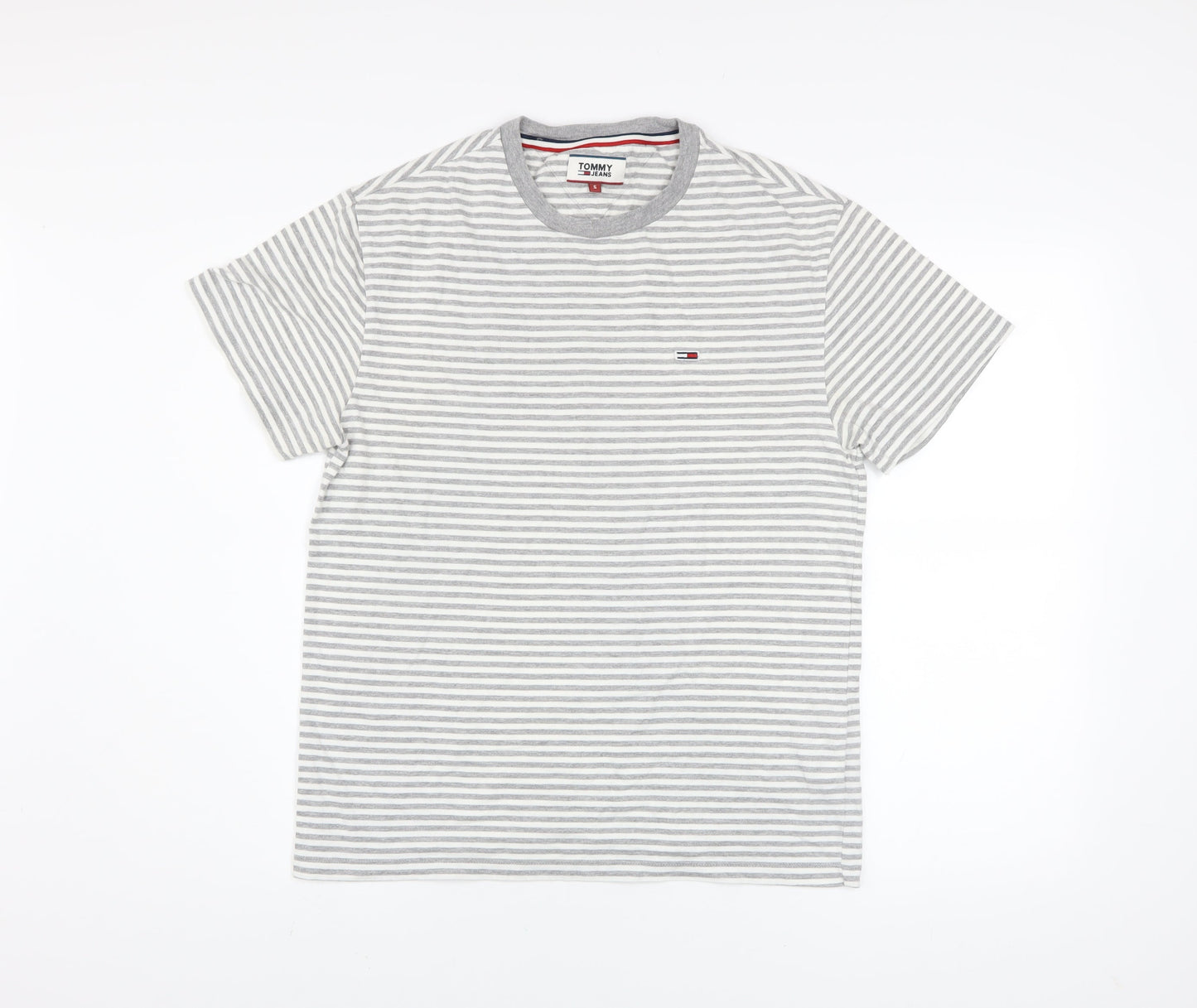 Tommy Jeans Men's Grey White Striped Cotton Crew Neck T-Shirt S
