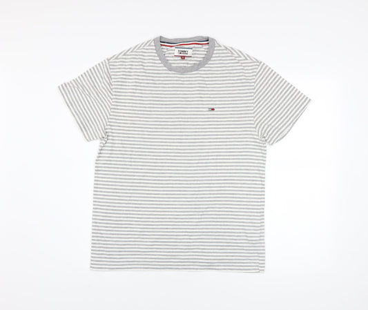 Tommy Jeans Men's Grey White Striped Cotton Crew Neck T-Shirt S