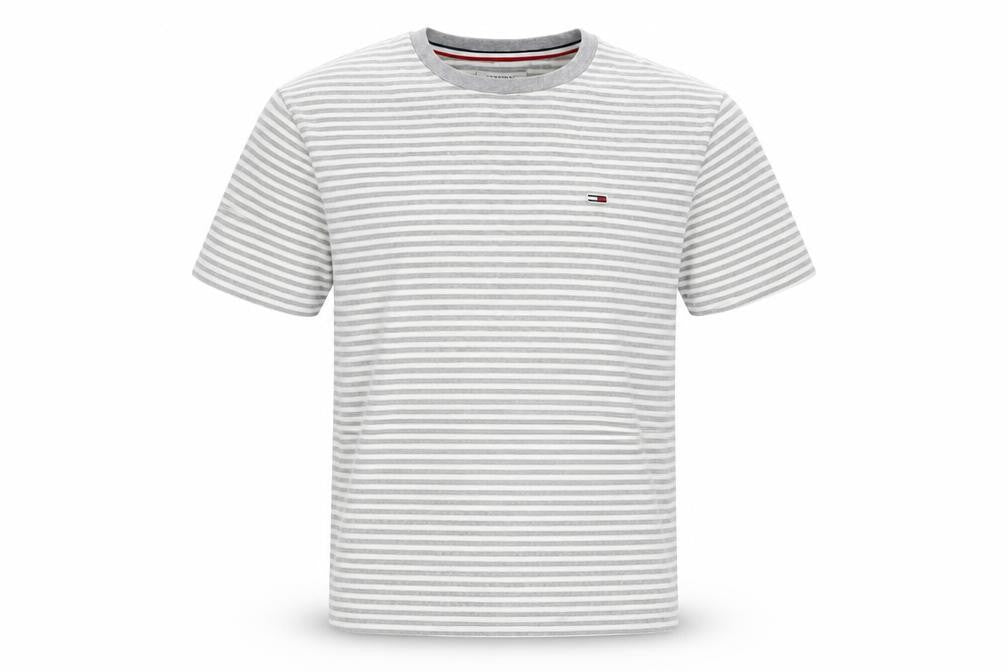 Tommy Jeans Men's Grey White Striped Cotton Crew Neck T-Shirt S