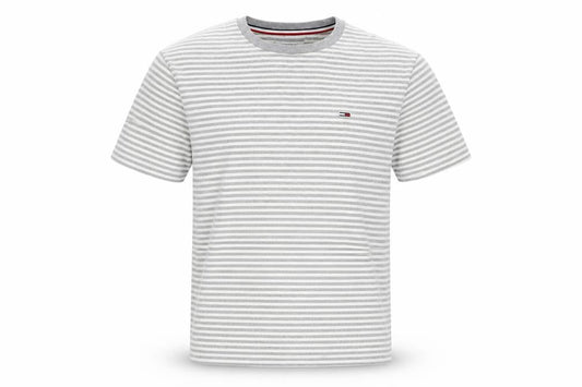 Tommy Jeans Men's Grey White Striped Cotton Crew Neck T-Shirt S