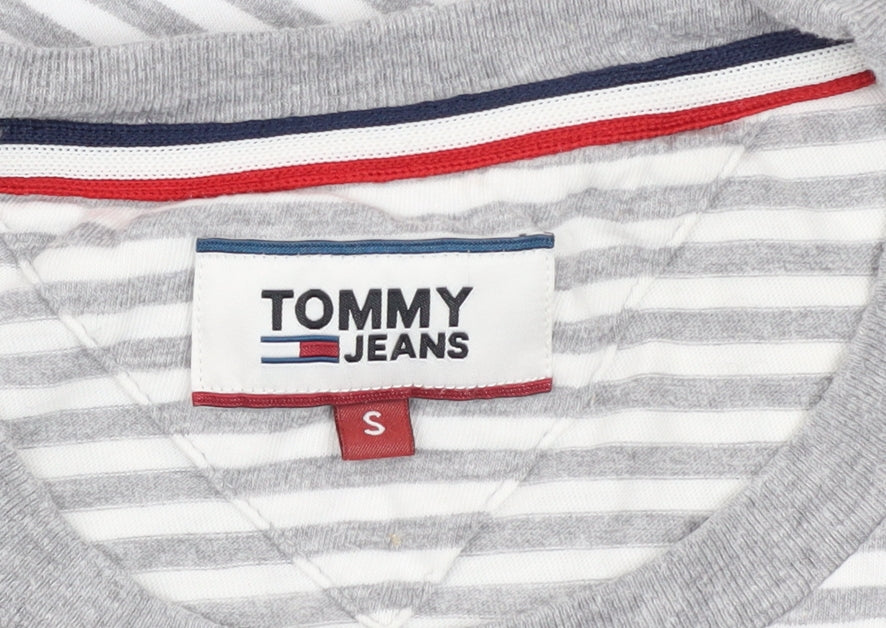 Tommy Jeans Men's Grey White Striped Cotton Crew Neck T-Shirt S