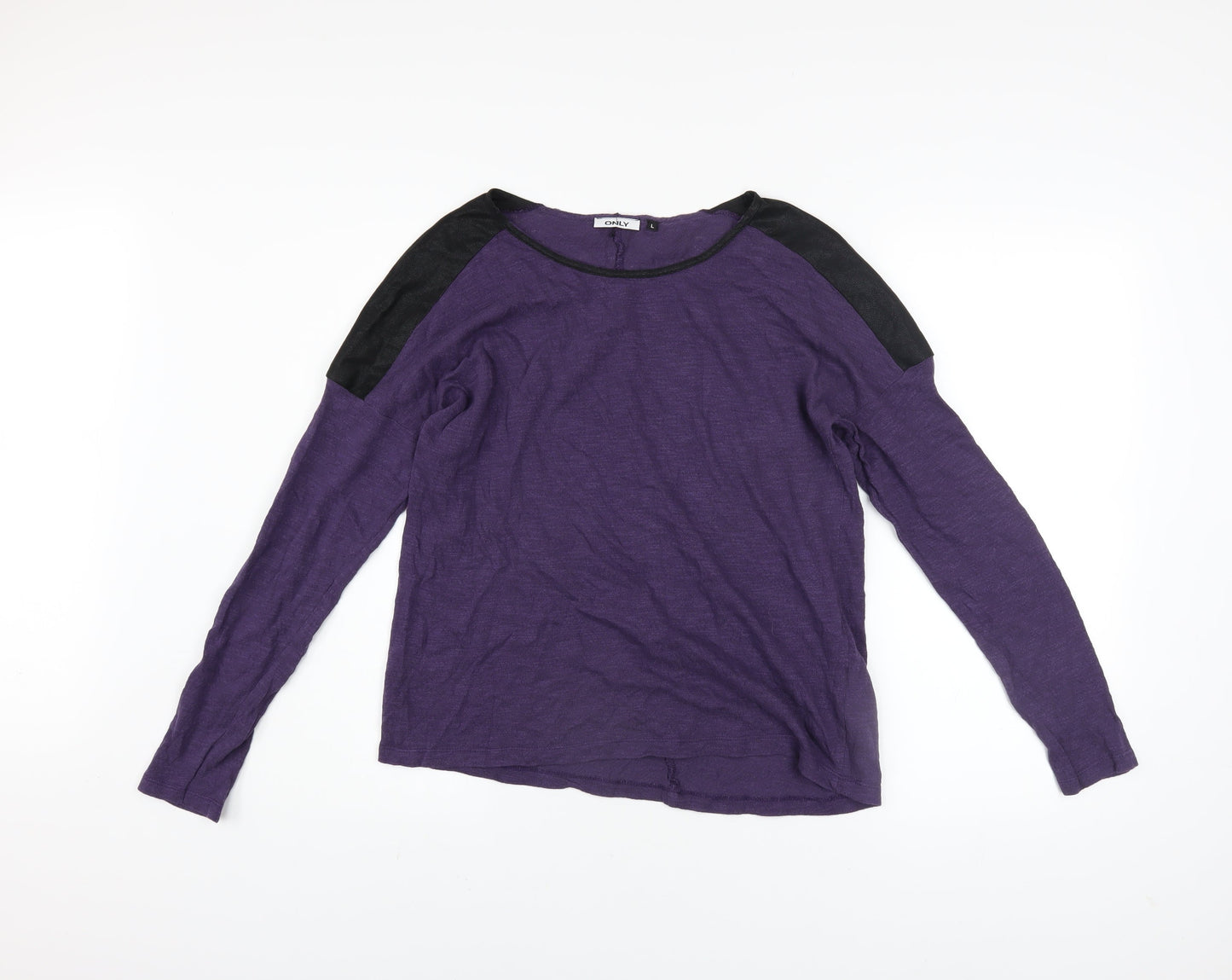 ONLY Women’s Purple Boat Neck Faux Leather Shoulder Jumper Size L