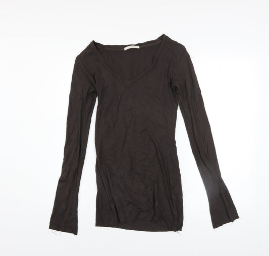 Charli London Womens Brown Long Sleeve V-Neck Stretch T-Shirt Size 8