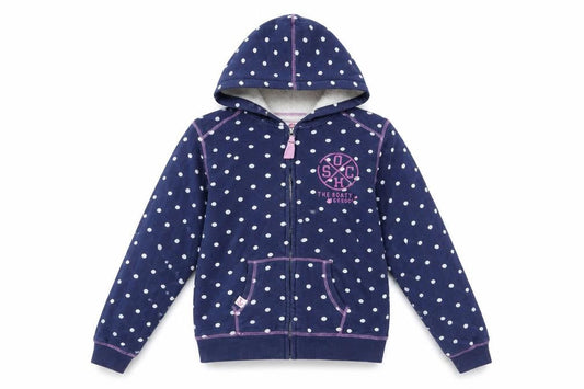 Front view of Lazy Jacks girls’ blue polka dot full zip hoodie 11-12 years nautical anchor design