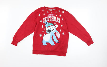 Front view of Primark Disney Stitch girls’ red christmas pullover sweatshirt 11 years