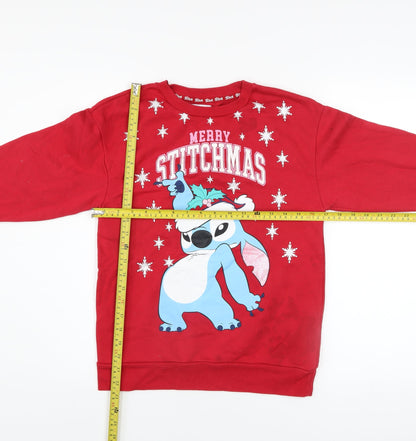Back view of Primark Disney Stitch girls’ red christmas pullover sweatshirt 11 years