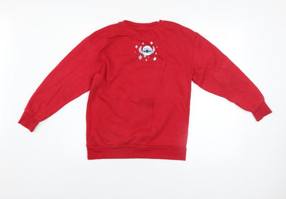 Close-up detail of Primark Disney Stitch girls’ red christmas pullover sweatshirt 11 years