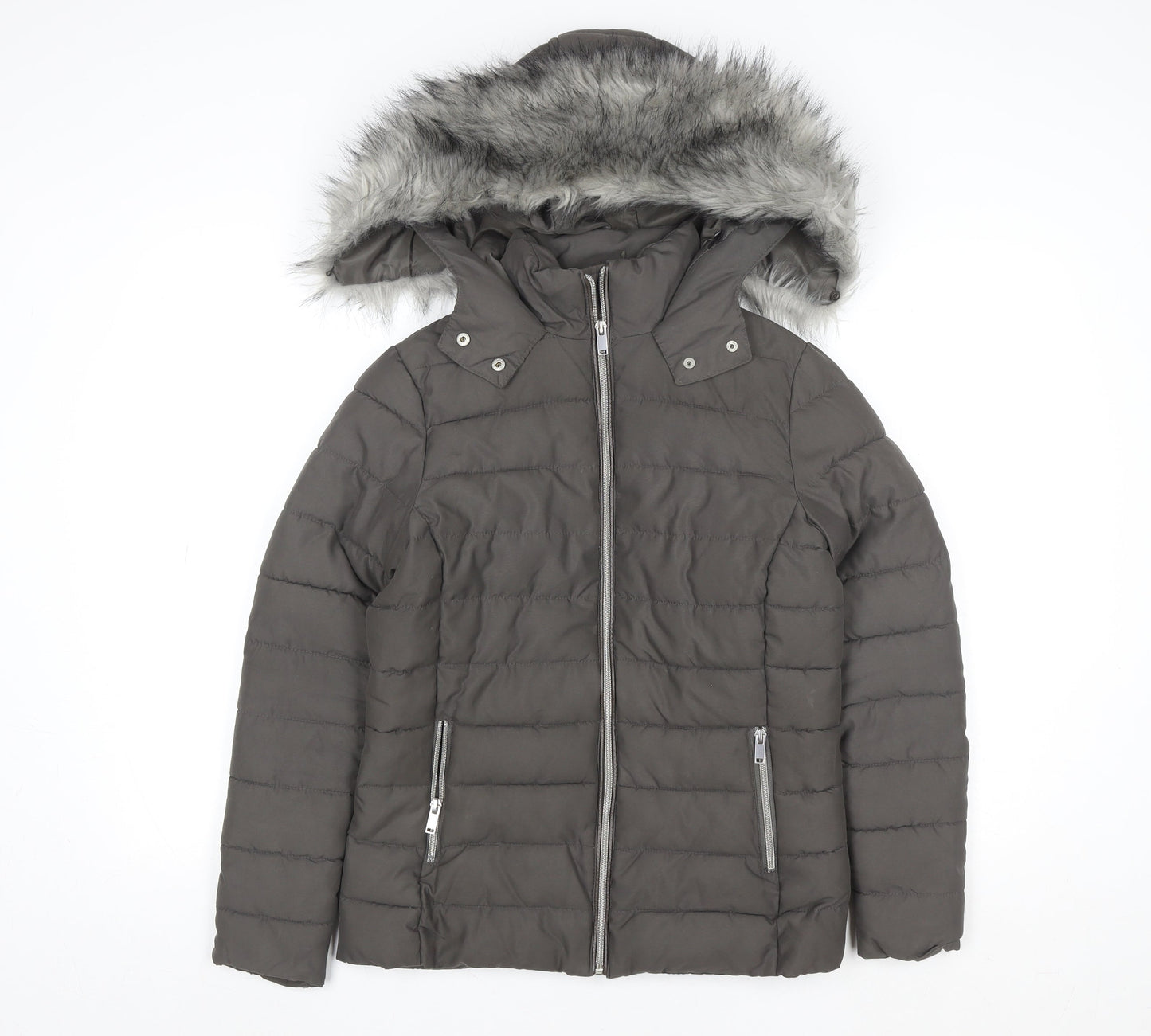 New Look Women’s Grey Faux Fur Hooded Puffer Jacket Size 6