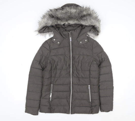 New Look Women’s Grey Faux Fur Hooded Puffer Jacket Size 6