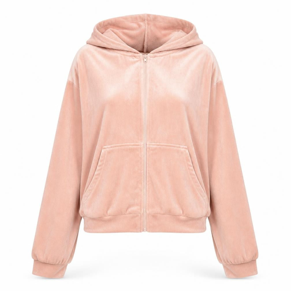H&M Women Pink Velour Hooded Zip Jacket Size 10 Regular