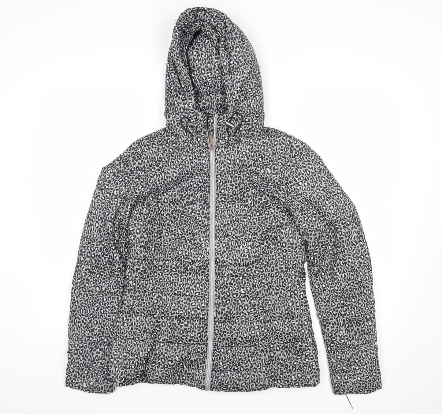 F&F Women’s Grey Animal Print Hooded Puffer Jacket Size 8