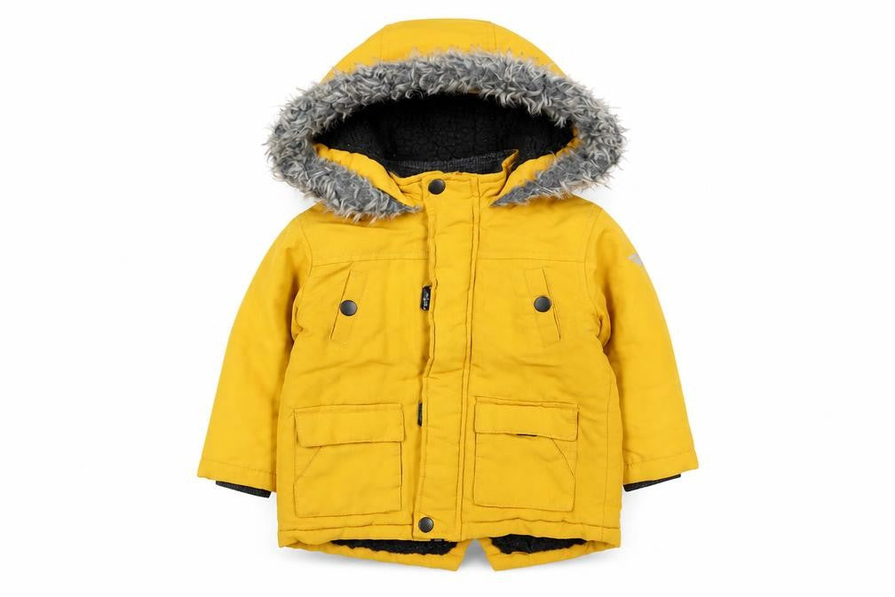 Primark Unisex Baby Yellow Hooded Puffer Jacket 12-18 Months Faux Fur Lined Winter Coat