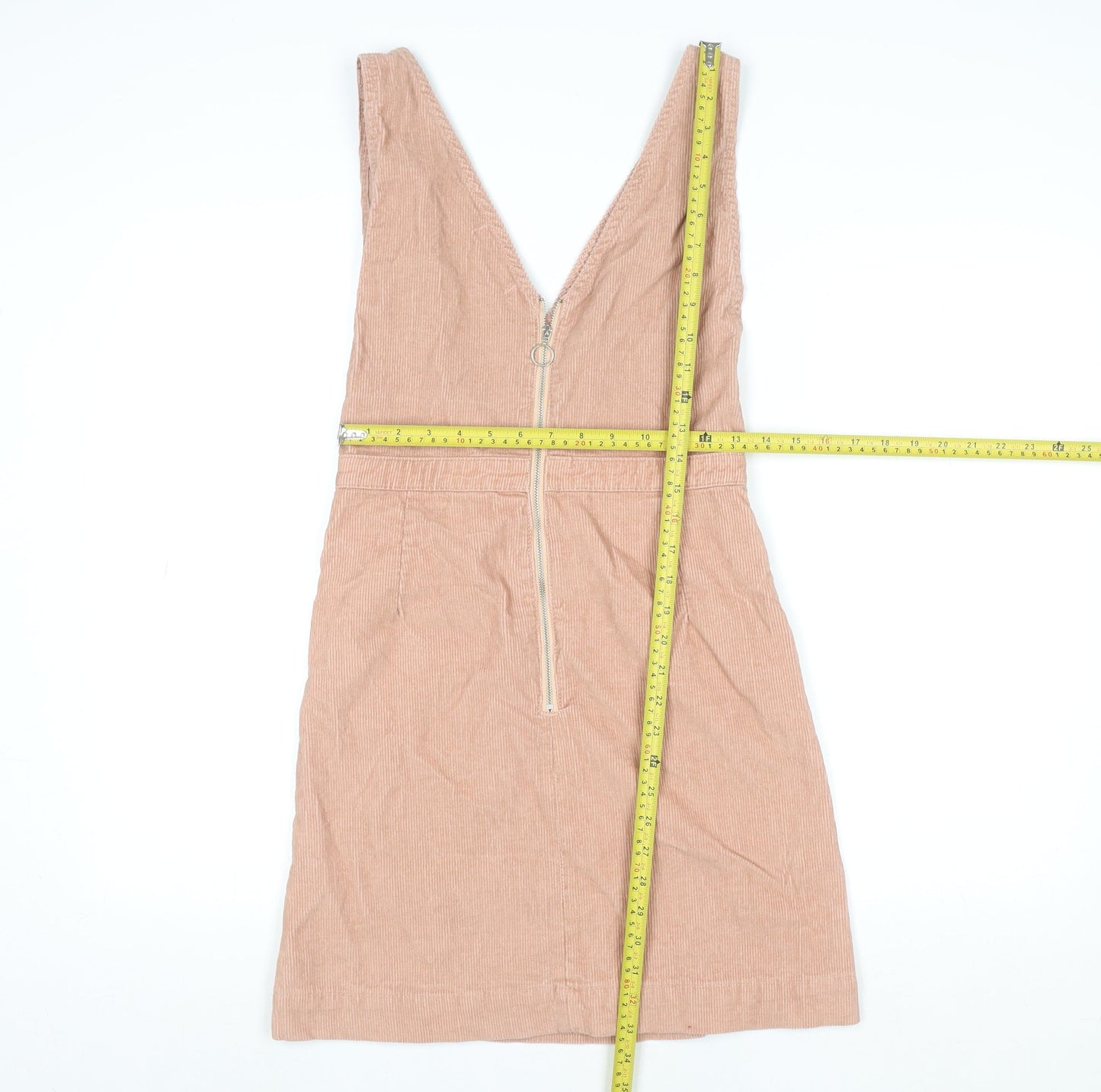Denim Co. Women’s Beige Corduroy Pinafore Dress Size 6 V-Neck Zip Casual