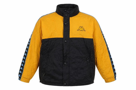Front view of Kappa boys’ yellow black track jacket, size 164, full zip logo sportswear