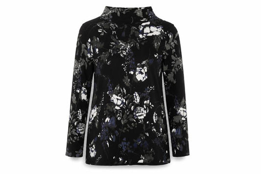 Front view of Monari Women's Black Floral Velvet Tunic Blouse, size 12
