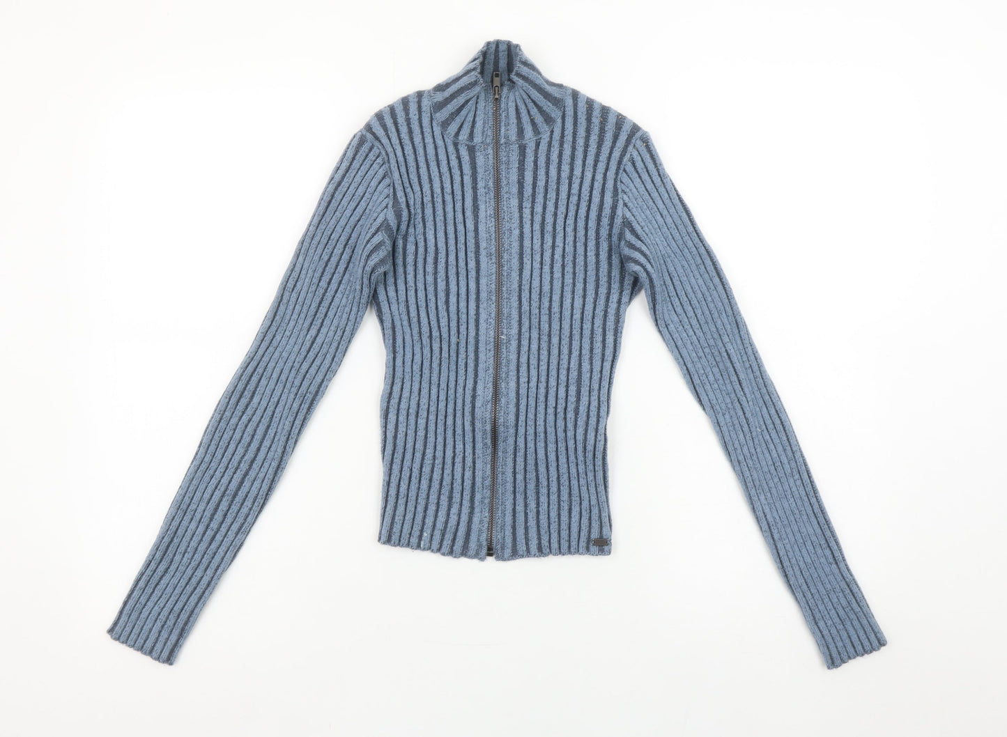 Pull&Bear Teens Blue Ribbed Full Zip Mock Neck Jumper Size 14
