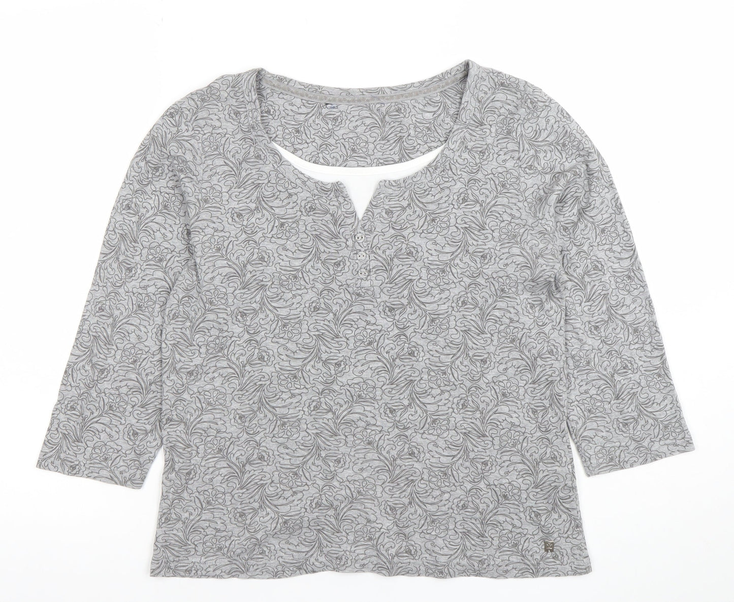 Debenhams Women Grey Floral 3/4 Sleeve Henley Top Size 14 Cotton Viscose