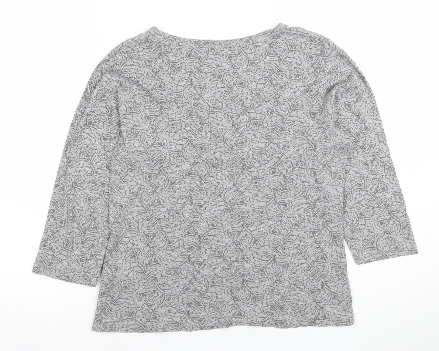 Debenhams Women Grey Floral 3/4 Sleeve Henley Top Size 14 Cotton Viscose