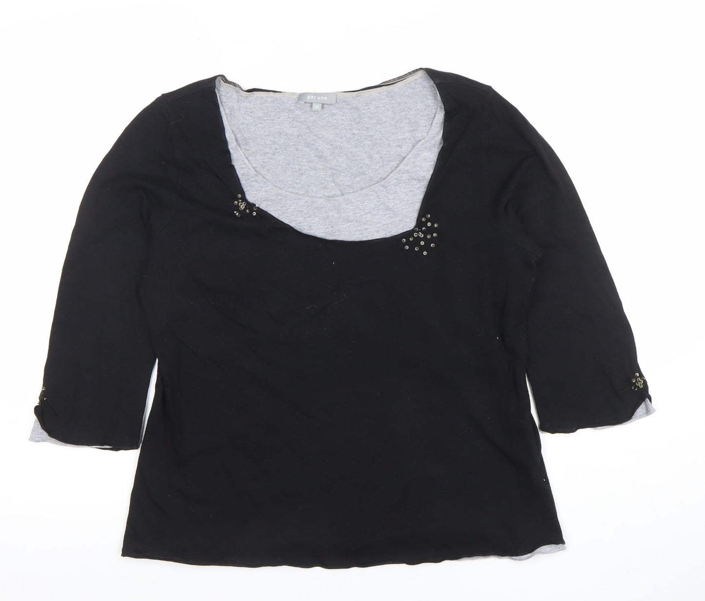 Marks and Spencer Per Una Black Beaded 3/4 Sleeve Scoop Neck Cotton Modal Blouse Size 16