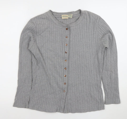 St. Johns Bay Womens Grey Button-Up Long Sleeve Cotton Top Size M