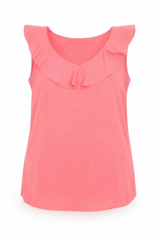 Front view of Dunnes Women’s Pink Ruffle Sleeveless Tunic Blouse, size S