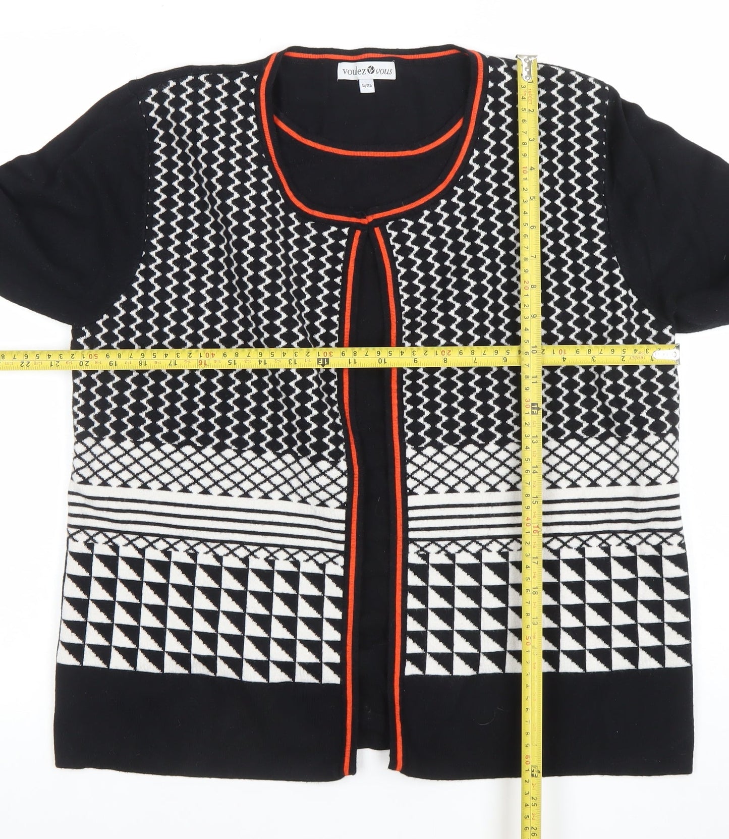 Voulez Vous Womens Black Geometric Open Cardigan L/XL Knit Viscose Blend