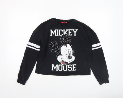 Front view of Disney girls’ black mickey mouse sequin pullover sweatshirt 11-12 years