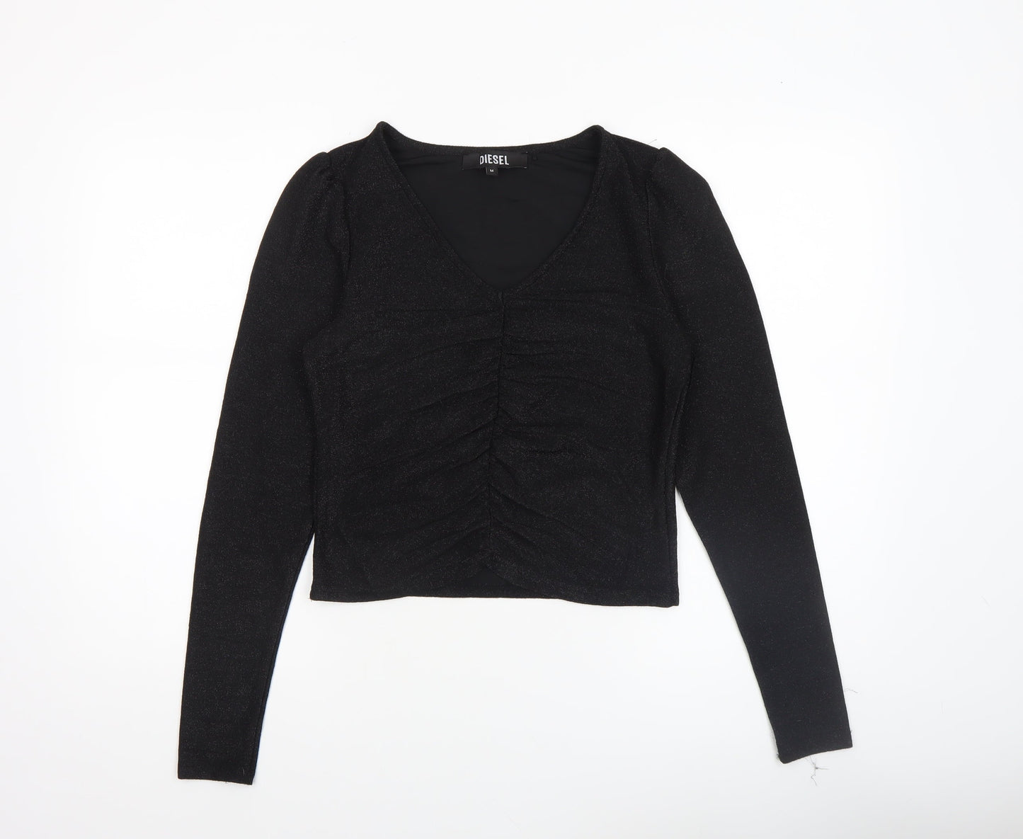 Diesel Women's Black V-Neck Cropped Long Sleeve Top Size M