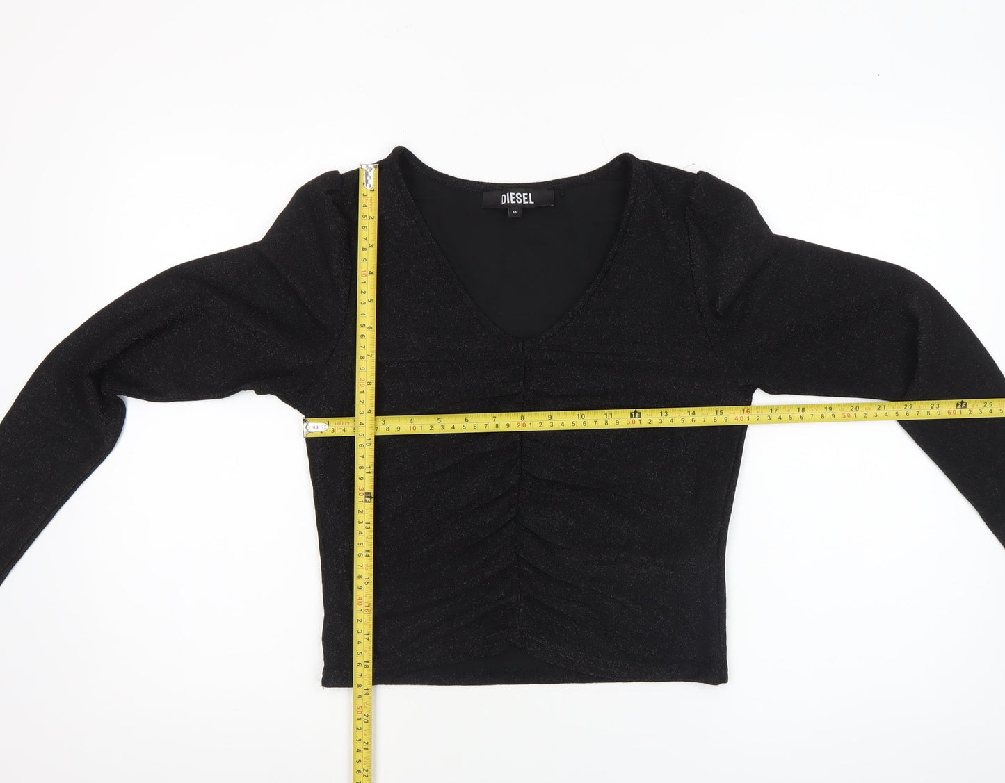 Diesel Women's Black V-Neck Cropped Long Sleeve Top Size M