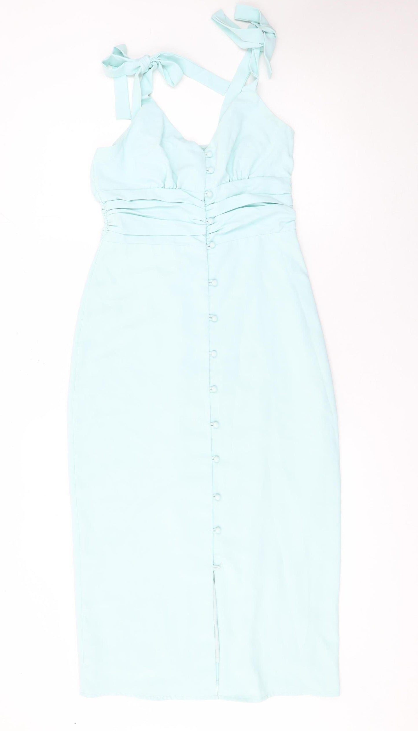 In The Style Women's Blue Size 8 Bodycon Midi Dress with Button Detail