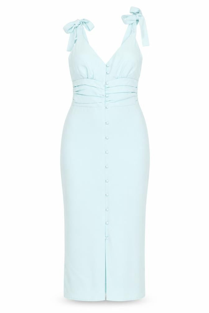 In The Style Women's Blue Size 8 Bodycon Midi Dress with Button Detail