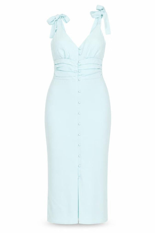 In The Style Women's Blue Size 8 Bodycon Midi Dress with Button Detail