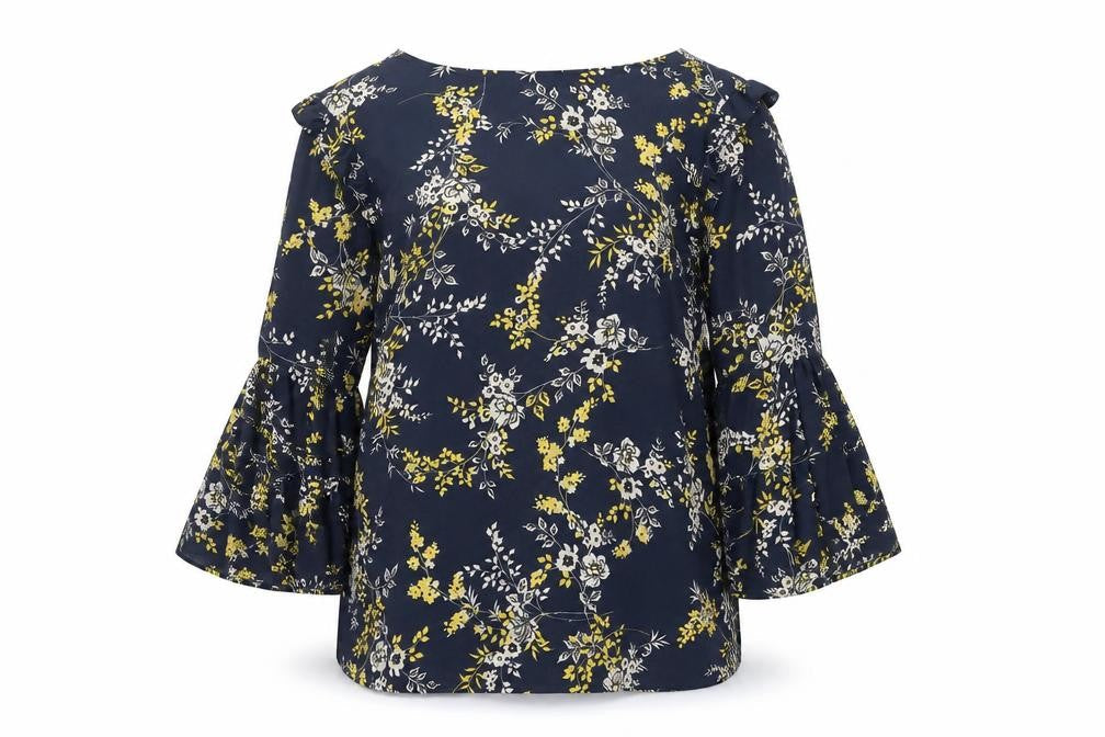 Dunnes Women's Blue Floral Ruffle Sleeve Tunic Blouse Size 10