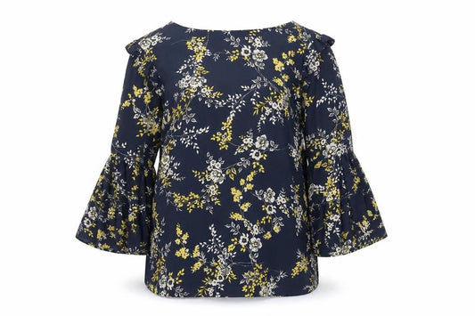 Front view of Dunnes Women's Blue Floral Ruffle Sleeve Tunic Blouse, size 10