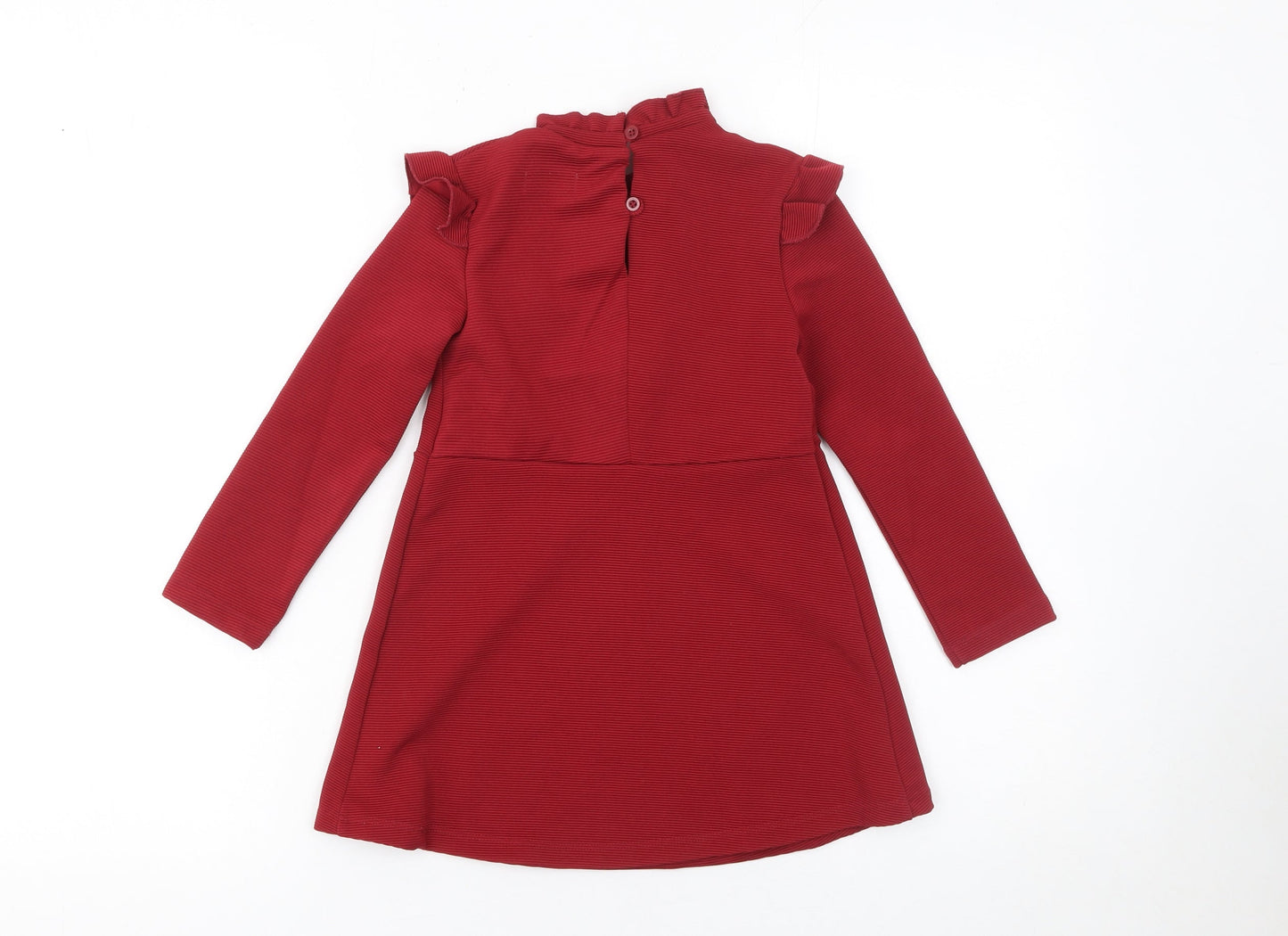 Next Girls Red A-Line Ruffle Long Sleeve Knit Dress 3 Years