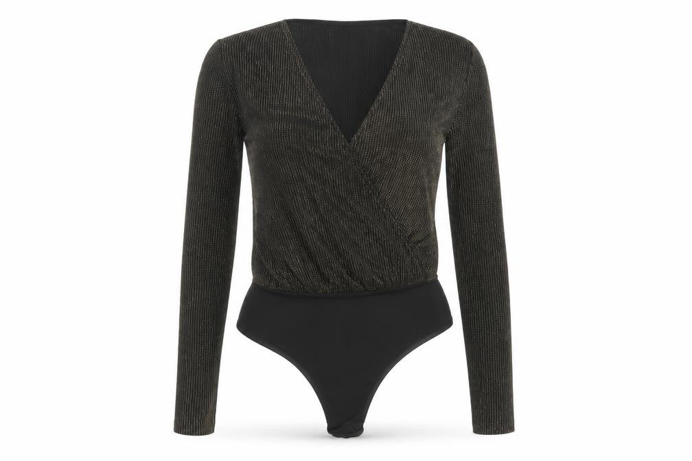 Pieces Womens Black Gold Long Sleeve Wrap Bodysuit Size M