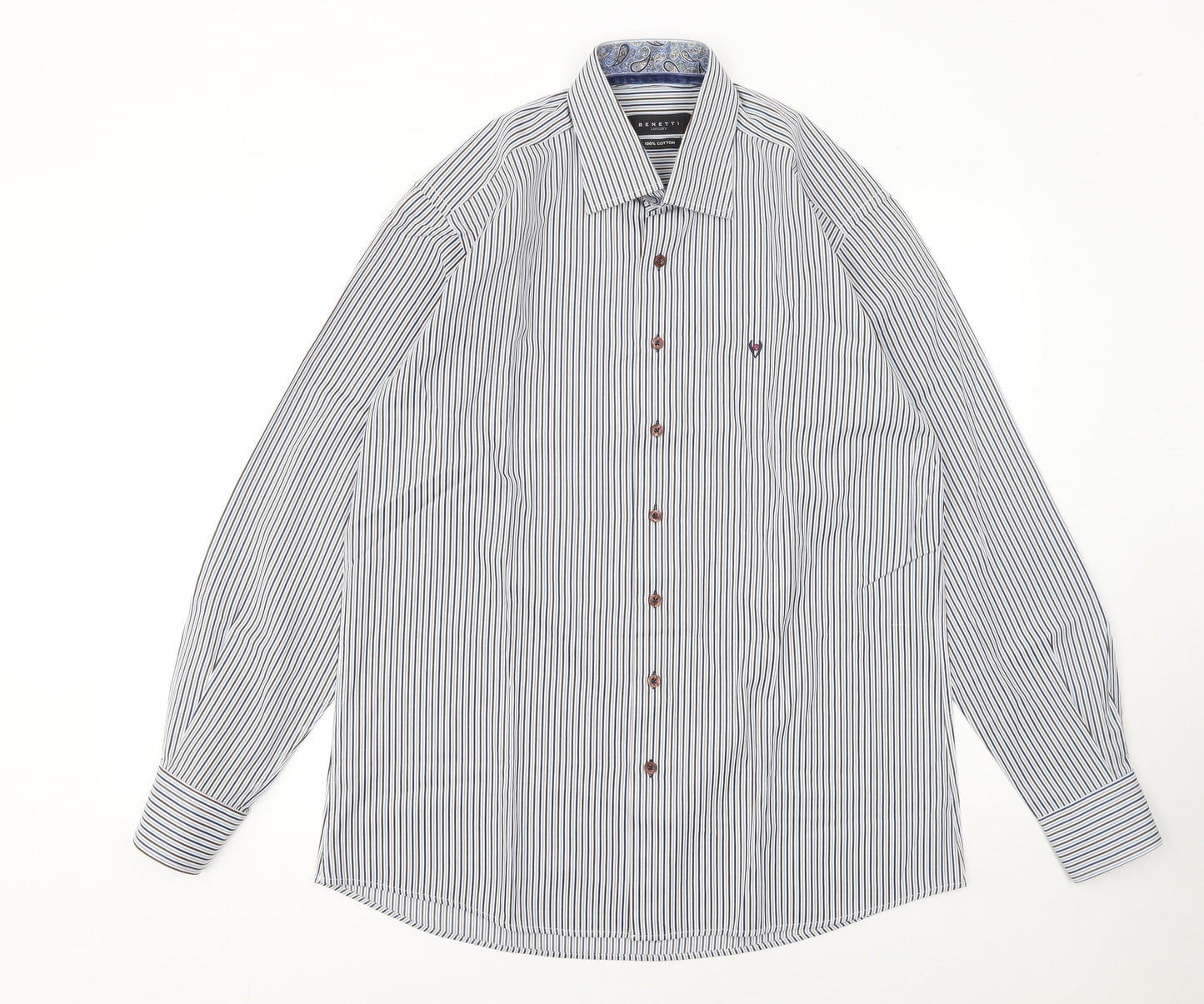 Benetti Luxury Men's Blue Striped Cotton Long Sleeve Button-Up Shirt L