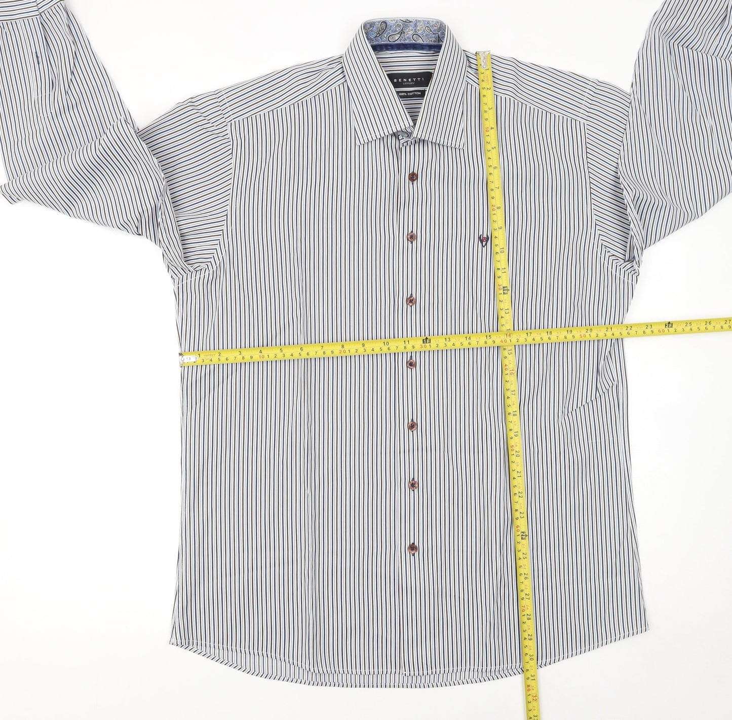 Benetti Luxury Men's Blue Striped Cotton Long Sleeve Button-Up Shirt L