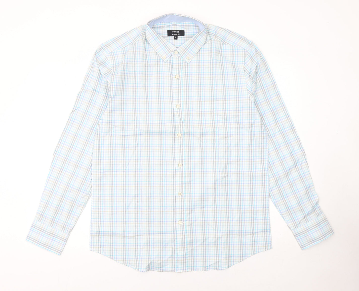 Dunnes Stores Men's Blue Check Cotton Long Sleeve Button-Up Shirt Size L