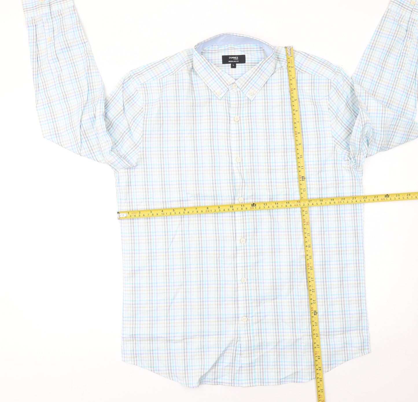 Dunnes Stores Men's Blue Check Cotton Long Sleeve Button-Up Shirt Size L