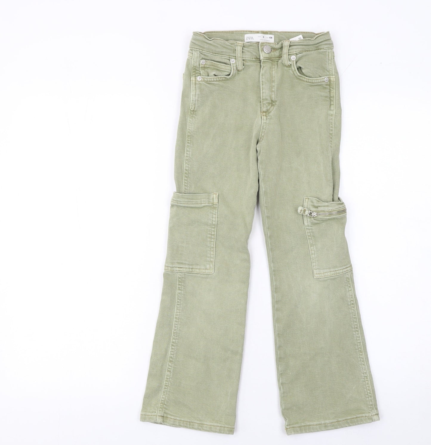 ZARA Girls Green Cotton Stretch Straight Cargo Jeans Age 8 Years
