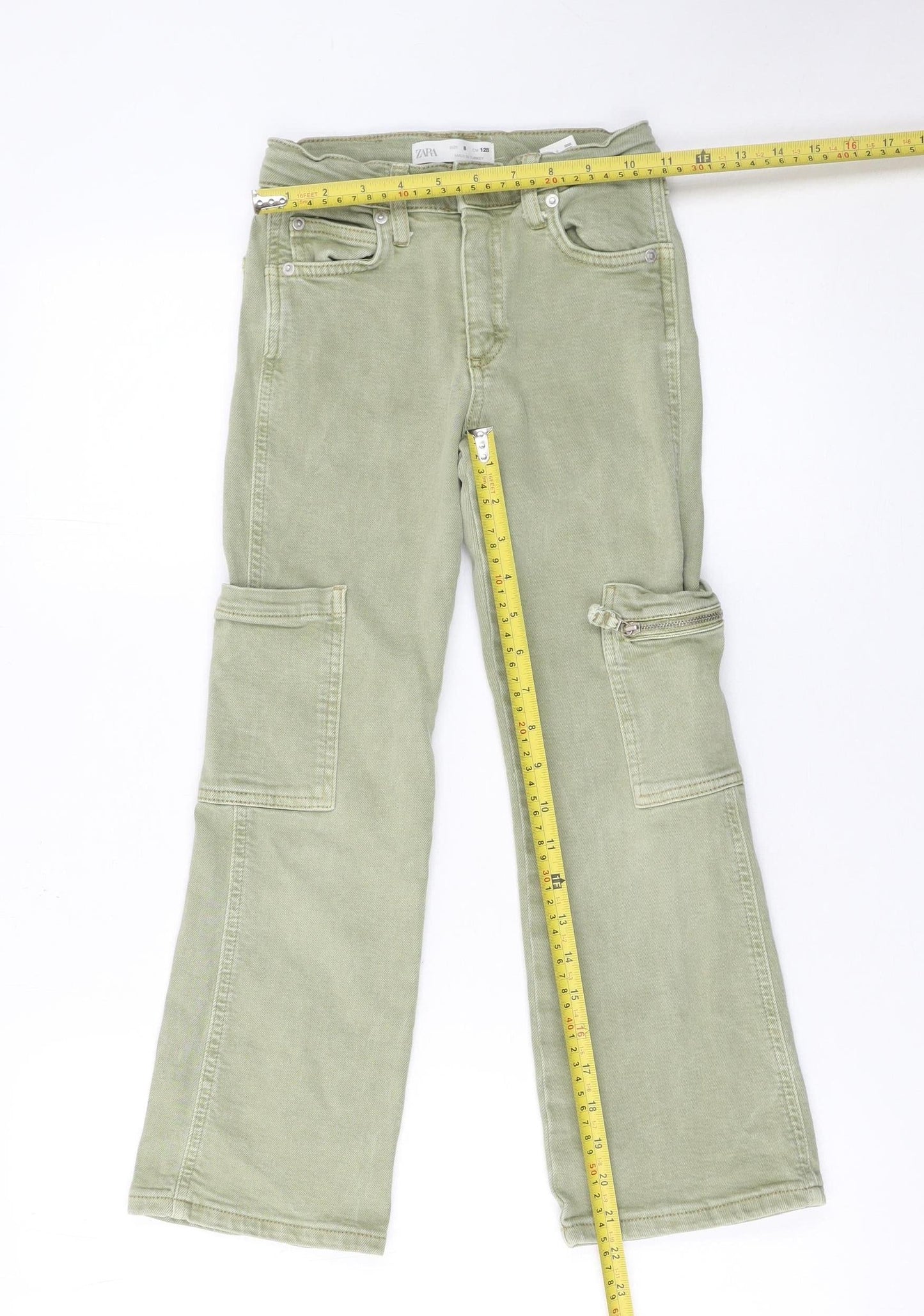 ZARA Girls Green Cotton Stretch Straight Cargo Jeans Age 8 Years